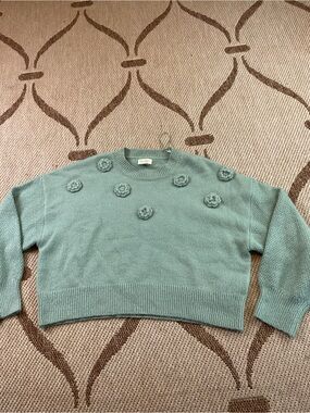 Jessica Simpson Mint Blue Floral Appliqué Crewneck Sweater